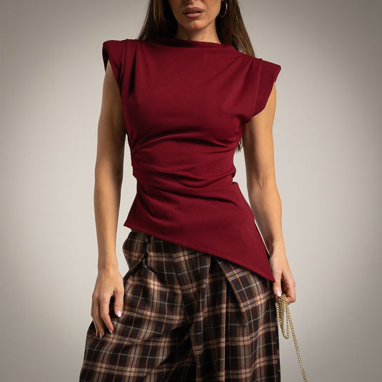 Asymmetrical Draped Side Shoulder-Pad Top