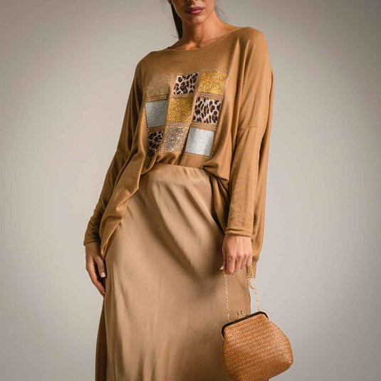 Animal Print Fine Knit Shirt Gold Oversize