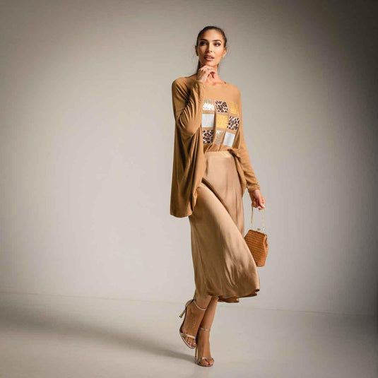 Animal Print Fine Knit Shirt Gold Oversize