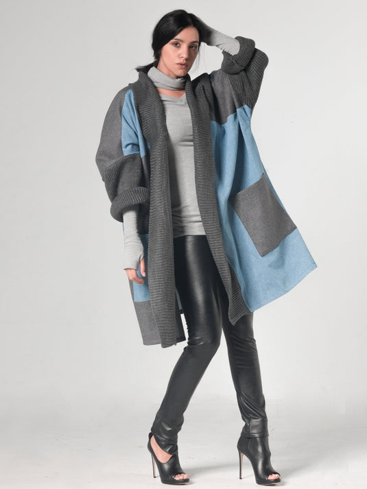 Oversize Gray Cardigan with Denim Parts