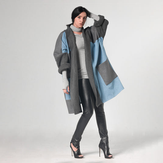 Oversize Gray Cardigan with Denim Parts