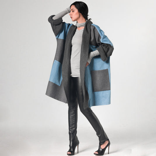 Oversize Gray Cardigan with Denim Parts