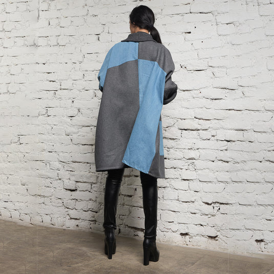 Oversize Gray Cardigan with Denim Parts