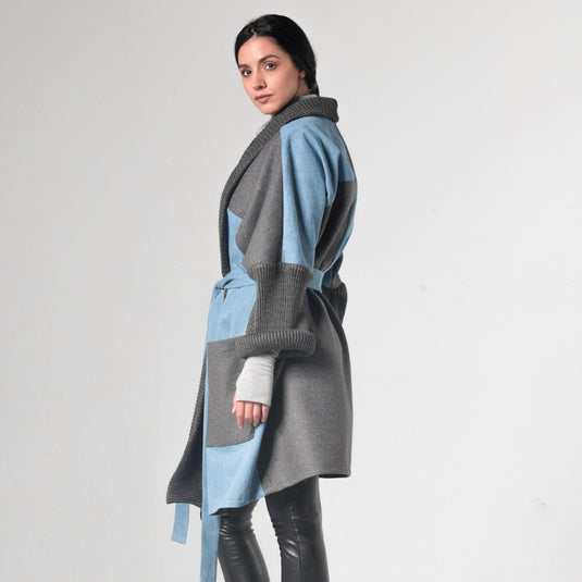 Oversize Gray Cardigan with Denim Parts