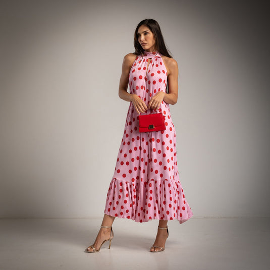 Pleated Halter Polka Dot Dress