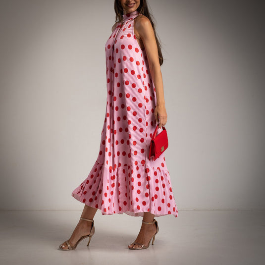 Pleated Halter Polka Dot Dress