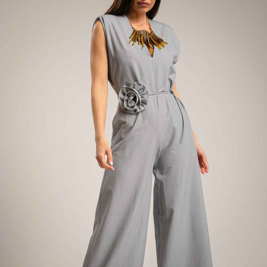 V-Neck Jumpsuit with Flower Belt